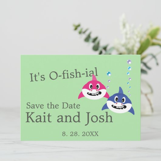 Funny Shark Fish Theme Weddenschap redt de datum Kaart (Staand voorkant)