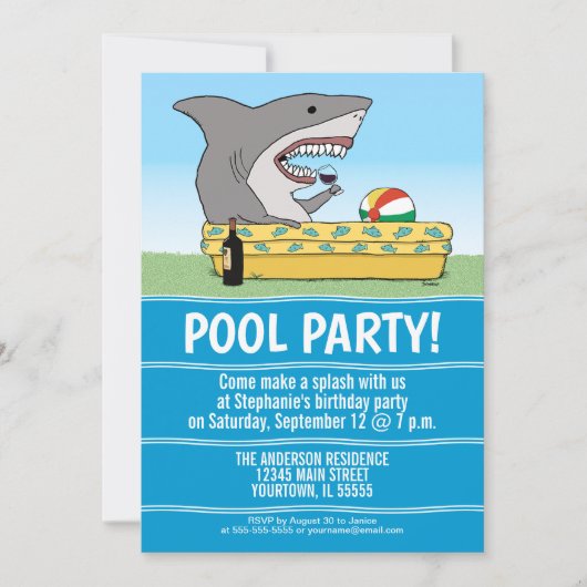 Funny Shark in Pool Birthday Party Kaart (Voorkant)