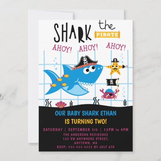 Funny Shark Pirate Birthday Party Invitation Kaart (Voorkant)