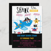 Funny Shark Pirate Birthday Party Invitation Kaart (Voorkant / Achterkant)