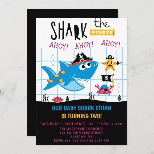 Funny Shark Pirate Birthday Party Invitation Kaart (Voorkant / Achterkant)