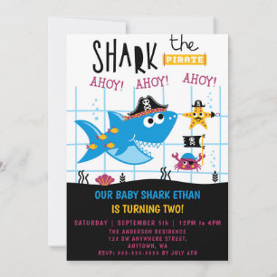 Funny Shark Pirate Birthday Party Invitation Kaart