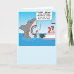 Funny Shark Sneaking Up on Swimmer Birthday Kaart<br><div class="desc">Hier is een grappige cartoon verjaardagskaart met een man die wordt uitgestoten door een vispenseel tegen zijn been te hebben, niet het besef dat het op het punt staat een hele hoop erger te worden. Deze kaart is een leuke lading voor elke fan van haaien of haaienvinnen humor! Bedankt dat...</div>