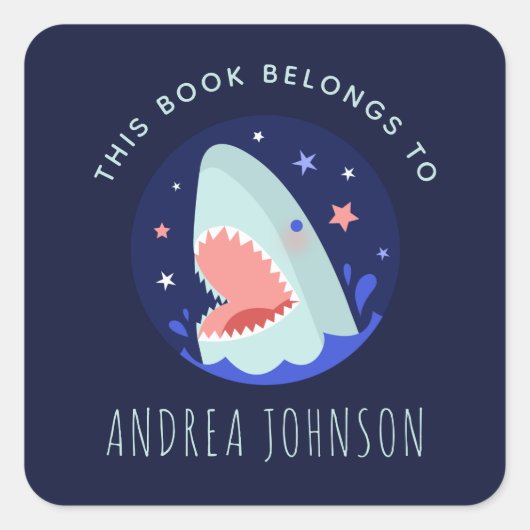 Funny Shark & Stars Navy Blue Nautical Bookplate Vierkante Sticker (Voorkant)