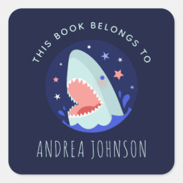 Funny Shark & Stars Navy Blue Nautical Bookplate Vierkante Sticker