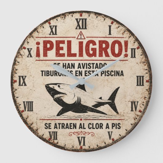 Funny Shark Warning Spanish Grote Klok (Voorkant)