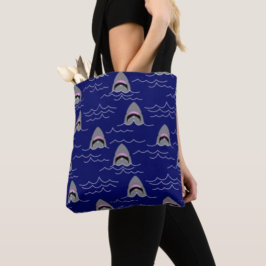 Funny Sharks and Ocean Waves Patterned Blue Tote Bag (Dichtbij)