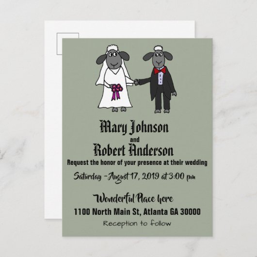 Funny Sheep Bride and Groom Wedding Invitation Uitnodiging Briefkaart (Voorkant / Achterkant)