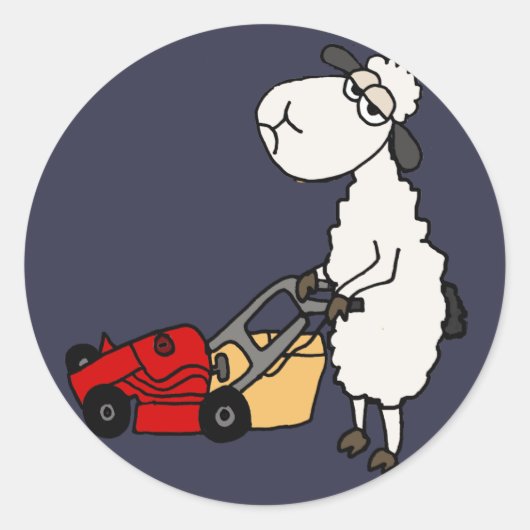 Funny Sheep Mowing Grass Cartoon Ronde Sticker (Voorkant)
