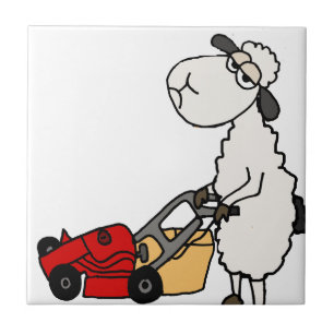Funny Sheep Mowing Grass Cartoon Tegeltje