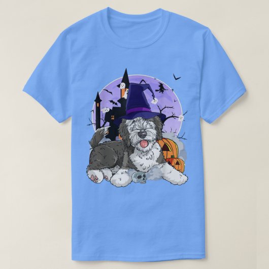Funny Sheepadoodle Dog Halloween Witch Pumpkin T-shirt (Design voorkant)