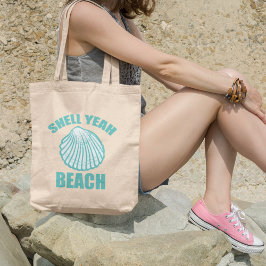 Funny Shell Ja Beach Pun Cute Blauwgroen Tote Bag