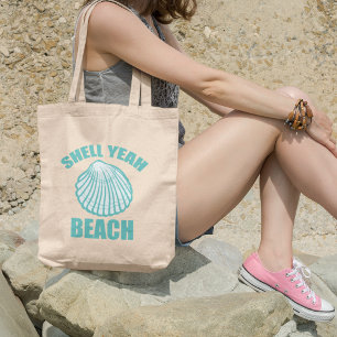 Funny Shell Ja Beach Pun Cute Blauwgroen Tote Bag