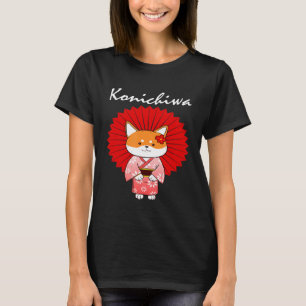 Funny Shiba Inu Uni Dog Konichiwa Kimono Flower Dr T-shirt
