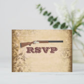 Funny Shotgun Wedding Brown Damask RSVP-kaarten RSVP Kaartje (Staand voorkant)