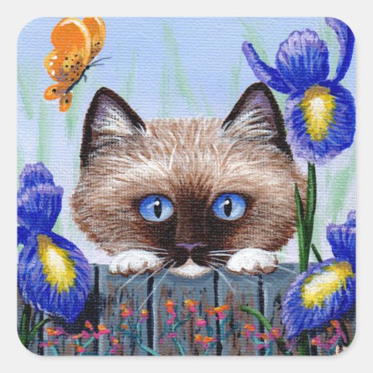 Funny Siamese Cat Iris Creationarts Vierkante Sticker (Voorkant)