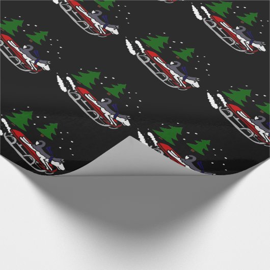 Funny Siberian Husky Dog Riding op Sled Cadeaupapier (Hoek)