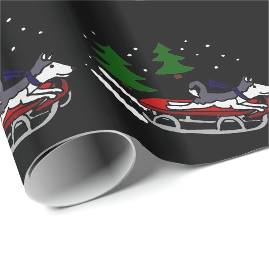 Funny Siberian Husky Dog Riding op Sled Cadeaupapier (Rol Hoek)