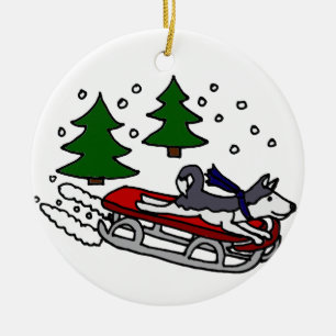 Funny Siberian Husky Dog Riding op Sled Keramisch Ornament