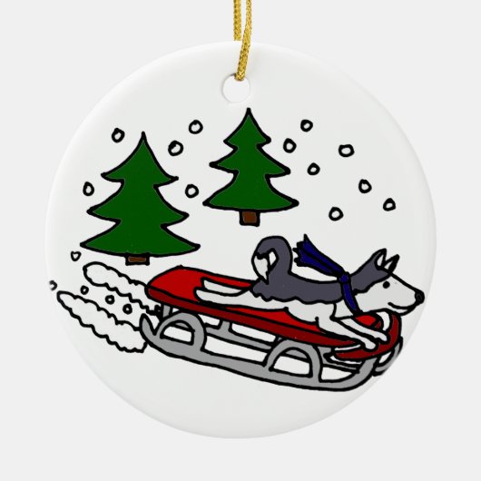 Funny Siberian Husky Dog Riding op Sled Keramisch Ornament (Voorkant)
