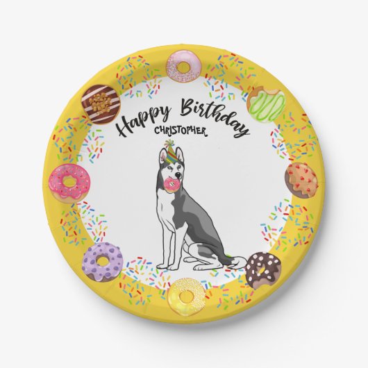 Funny Siberian Husky Donuts Birthday Party Papieren Bordje (Voorkant)