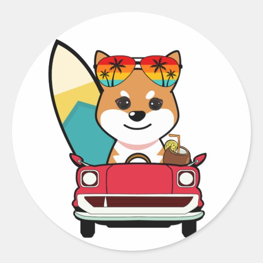 Funny Sinaasappel Dog rijdt naar het strand Ronde Sticker (Voorkant)
