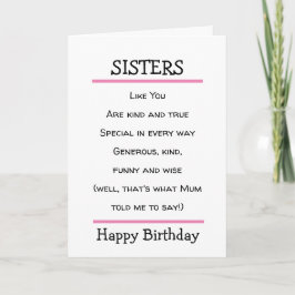 Funny Sisters Cheeky Poem Birthday Card Kaart