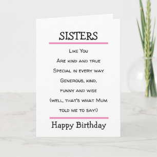 Funny Sisters Cheeky Poem Birthday Card Kaart