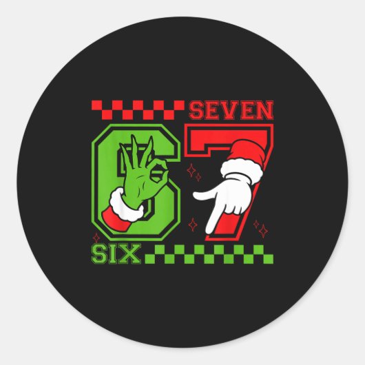 Funny Six Seven 67 Meme 6 7 Christmas Elf Hand Boy Ronde Sticker (Voorkant)