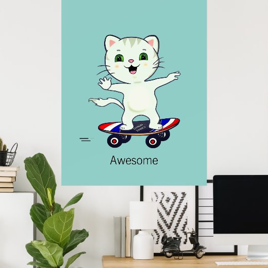 Funny Skater Tabby Cat Poster (Thuiskantoor)