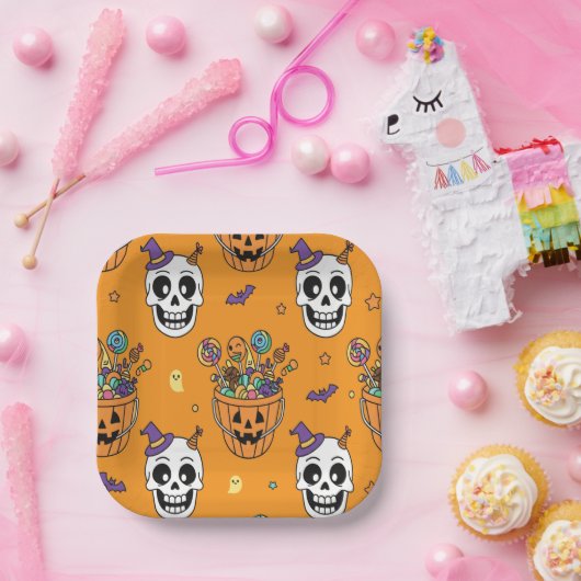 Funny Skeleton And Candy For Halloween Papieren Bordje (Feest)