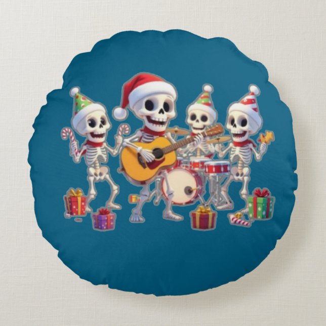 Funny Skeleton Band Christmas & New Year – 3D Cart Rond Kussen (Voorkant)