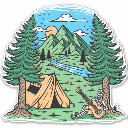 Funny Skeleton Camping Play Guitar Sticker (Voorkant)