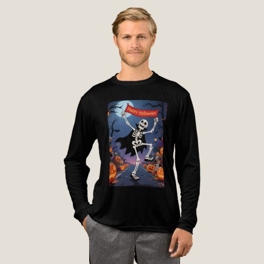 Funny Skeleton Dancing with "Happy Halloween" Bann Tri-Blend Shirt (Voorkant)