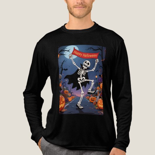Funny Skeleton Dancing with "Happy Halloween" Bann Tri-Blend Shirt (Voorkant volledig)
