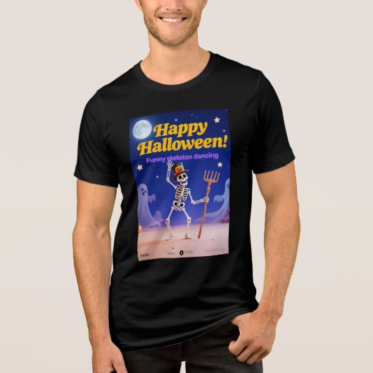 Funny Skeleton Dancing with "Happy Halloween" Bann Tri-Blend Shirt (Voorkant)