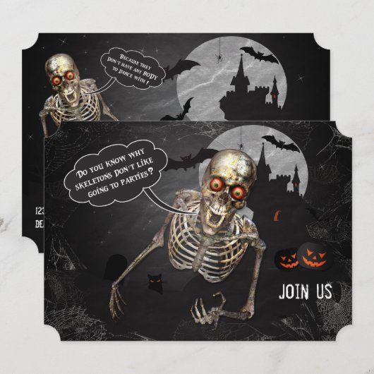 Funny Skeleton Halloween Party Invitation Kaart (Voorkant / Achterkant)