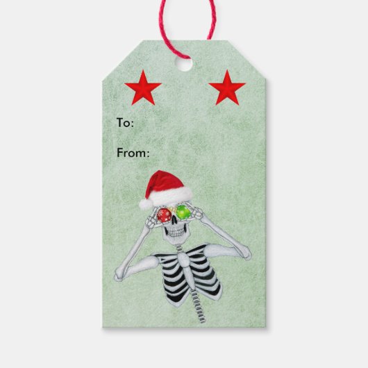 Funny Skeleton Ornament Eyes Red Stars Green Cadeaulabel (Voorkant)
