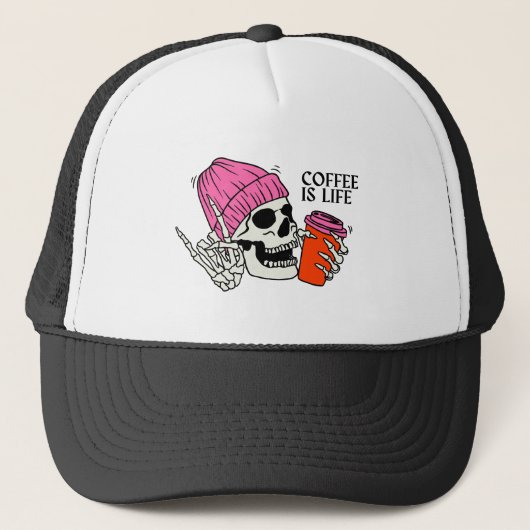 Funny Skeleton Pet": Koffie en Botten Trucker Pet (Voorkant)