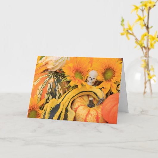Funny Skeleton, pompoen, zonnebloem, Halloween Kaart (Gele Bloem)
