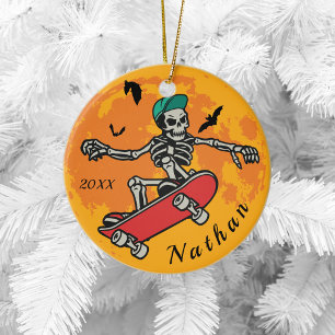 Funny Skeleton Skateboarding Halloween Moon Name Keramisch Ornament