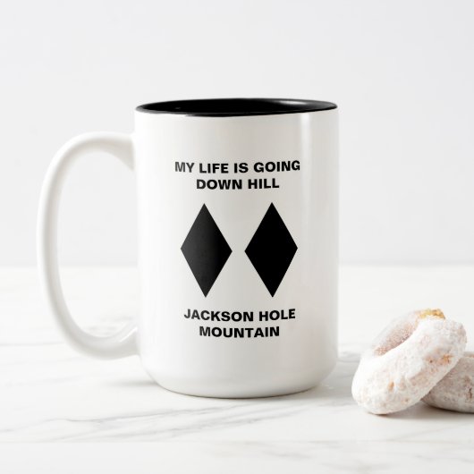 Funny Ski mijn leven gaat naar beneden met zwarte  Tweekleurige Koffiemok (Met donut)