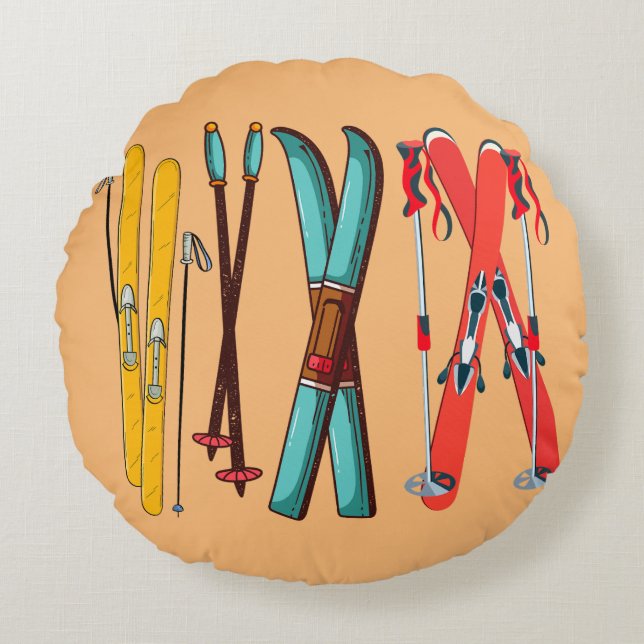 Funny Skiing Colorful Ski Skier Rond Kussen (Voorkant)
