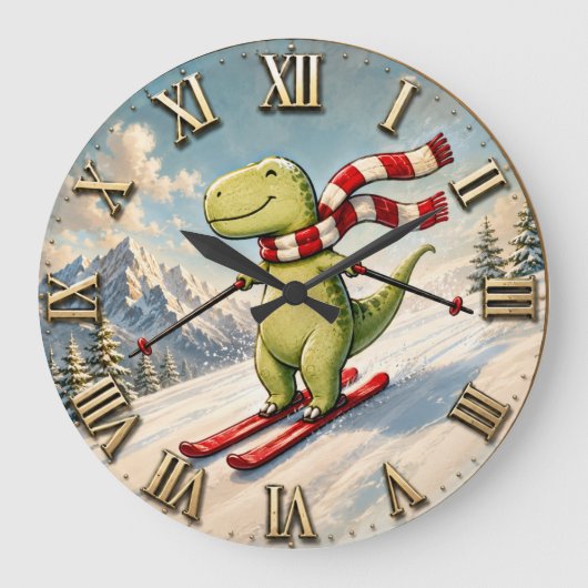 Funny Skiing Dinosaur Cute Winter T-Rex Ski Grote Klok (Voorkant)