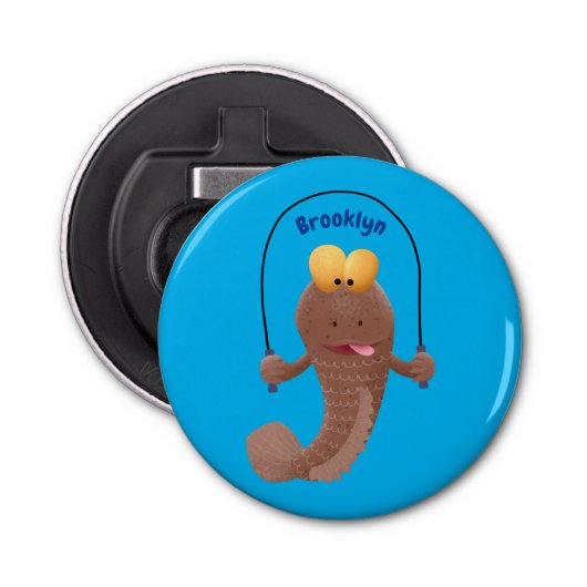 Funny skipping mudskipper fish cartoon button flesopener (Voorkant)