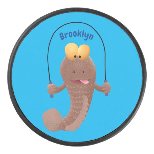 Funny skipping mudskipper fish cartoon hockey puck (Voorkant)