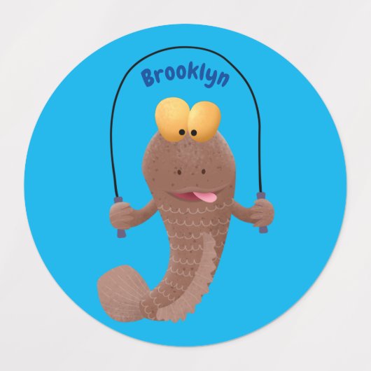 Funny skipping mudskipper fish cartoon labels (Design 1)