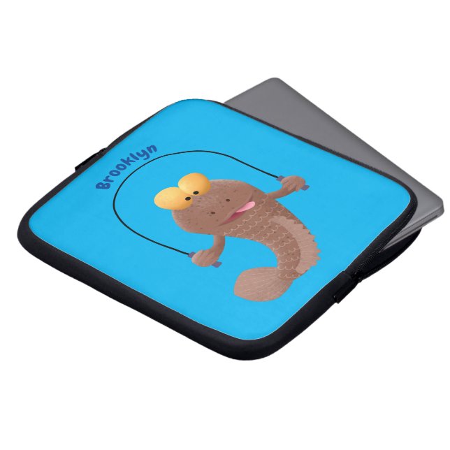 Funny skipping mudskipper fish cartoon laptop sleeve (Voorkant top)