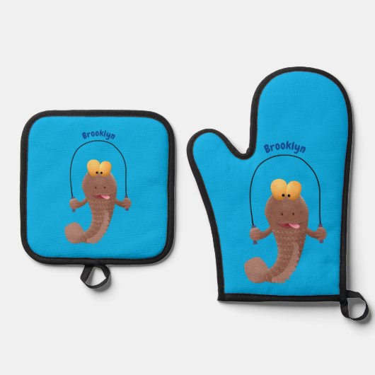 Funny skipping mudskipper fish cartoon ovenwant & pannenlap set (Voorkant)