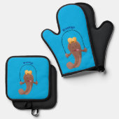 Funny skipping mudskipper fish cartoon ovenwant & pannenlap set (Voorkant / Achterkant)